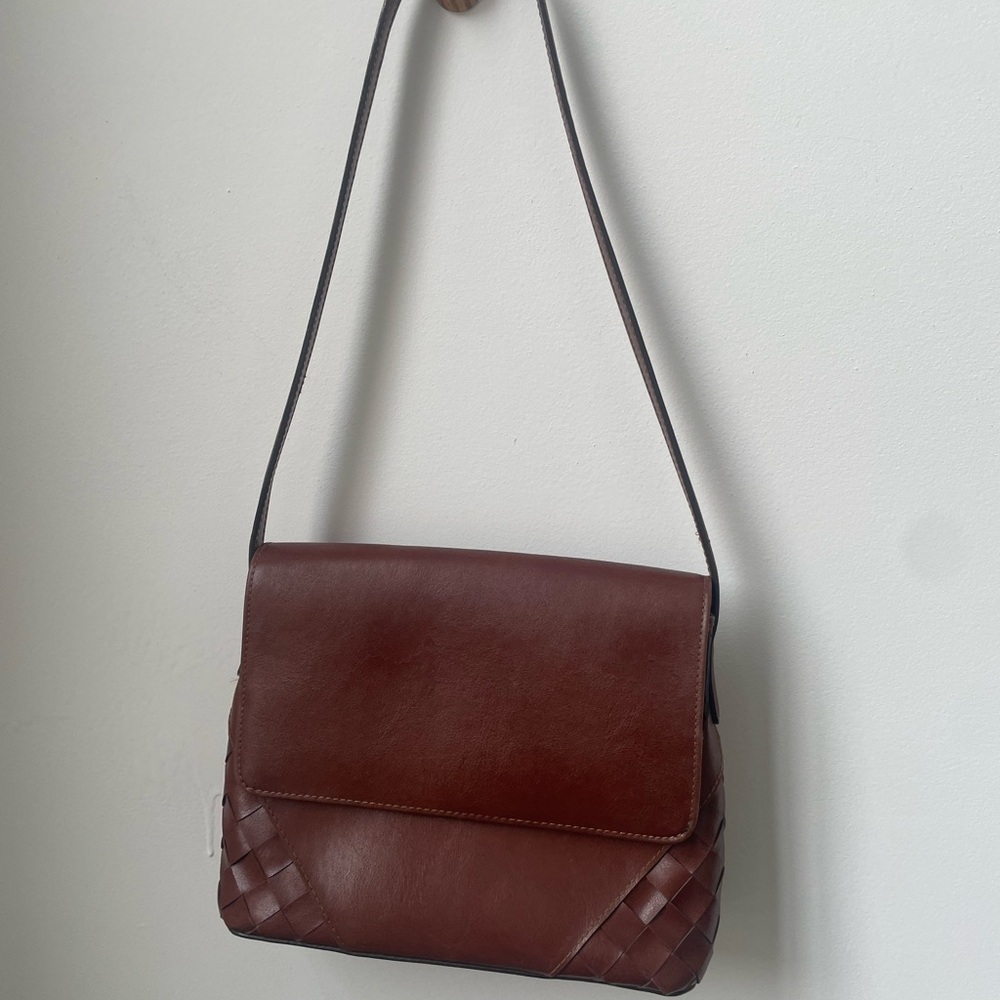 Nine West Woven Trend Dark Brown with vintage style red tint long strap purse